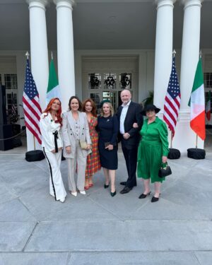 J. Smith-Cameron Instagram - We spent St Patricks Day at the White House, and @dupontcirclehotel , and Off the Record Bar all thanks to the dazzling Samantha Barry. Thanks to @catpopestylist for styling tips! Glam by @abigaildecasanova ❤️
My dress thanks to @sachinandbabi 
Our shoes @zyneofficial ☘️❤️🥃
