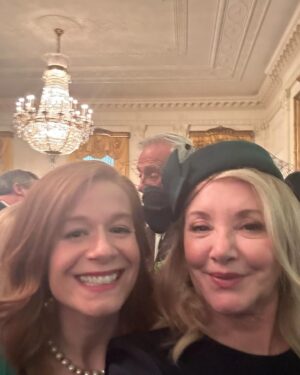 J. Smith-Cameron Instagram - We spent St Patricks Day at the White House, and @dupontcirclehotel , and Off the Record Bar all thanks to the dazzling Samantha Barry. Thanks to @catpopestylist for styling tips! Glam by @abigaildecasanova ❤️
My dress thanks to @sachinandbabi 
Our shoes @zyneofficial ☘️❤️🥃