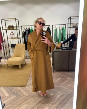 J. Smith-Cameron Instagram - Magnificent @maxmara @maxmararoma coat of my dreams , Max Mara being the king, queen, god of iconic coats🙌🇮🇹🧥💸🤦‍♀️also featured are the cheerful staff, including Cristiana whom I made friends with while swooning over the cashmere coat!