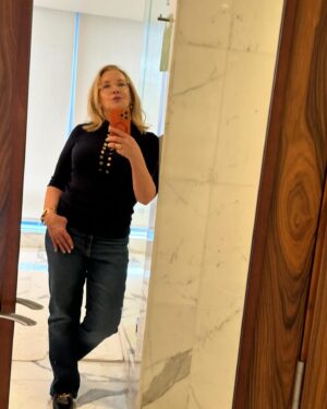J. Smith-Cameron Instagram - Pretty pleased with my “off to start a new job look”; today a fitting!
Glasses @icberlinofficial 
Bangle bracelet @patou 
Earrings @_jennybird 
Sweater found @_warmstore_ and it’s @maisonmayle 
My jeans are my favorite ever and from @madewell 
Oh and skincare @drmcopeland 😉