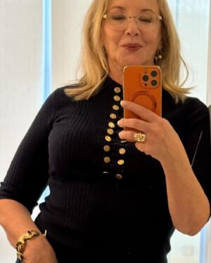 J. Smith-Cameron Instagram - Pretty pleased with my “off to start a new job look”; today a fitting!
Glasses @icberlinofficial 
Bangle bracelet @patou 
Earrings @_jennybird 
Sweater found @_warmstore_ and it’s @maisonmayle 
My jeans are my favorite ever and from @madewell 
Oh and skincare @drmcopeland 😉