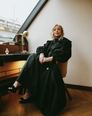 J. Smith-Cameron Instagram - Fabulous time at the #Patou show in Paris. The most beautiful clothes! Nellie and I had a wonderful time meeting designer Guillaume Henry and his gifted staff. We did not want to give these clothes back! So deeply beautiful. @patou photos @victoria_vinas makeup @sarahillmakeup hair @fabiopetri