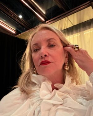 J. Smith-Cameron Instagram - Fabulous time at the #Patou show in Paris. The most beautiful clothes! Nellie and I had a wonderful time meeting designer Guillaume Henry and his gifted staff. We did not want to give these clothes back! So deeply beautiful. @patou photos @victoria_vinas makeup @sarahillmakeup hair @fabiopetri