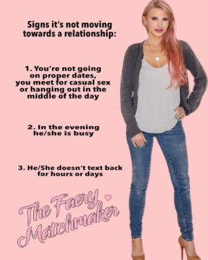 Jacqui Holland Instagram - Sometimes when we’re dating, we think something is going to turn into a relationship… But, there’s some clear signs it’s probably not. 

#datingcoach #relationship #thefaerymatchmaker #rosegoldhair #pinkhairedmatchmaker
