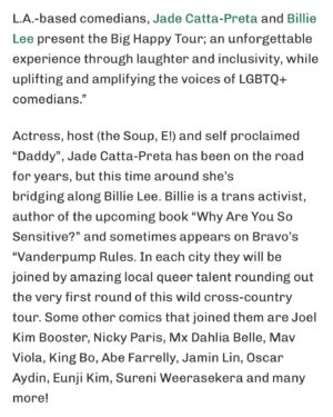 Jade Catta-Preta Instagram - From the LA Times to the NY Times! #thebighappycomedytour with my girl @jadecattapreta 👏🏼 Next stop NYC @bellhouseny this Sunday!