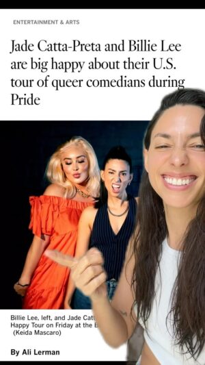 Jade Catta-Preta Instagram - FRENZ!!! TONIGHT IS THE NIGHT!! Our Big Happy Comedy Tour kicks off at 7:30 PM @bourbonroomhollywood ✨ @itsmebillielee are so psyched it’s finally here…we have such a dope lineup. Thank you @alilerman for this amazing article in the @latimes, thank you to all our incredible sponsors @eqca @opositiv @outmagazine @theadvocatemag and thank you @keidamascaro for the dope pics! Tix in my bio. Venha! #gaytour #femalecomedians #pridecomedy #outtour #latimes