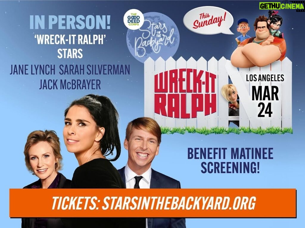 Jane Lynch Instagram - Join Sarah Silverman, Jack McBrayer and me! It’s a benefit matinee screening of Wreck-It Ralph this Sunday! #starsinthebackyard #gooddeedcorps