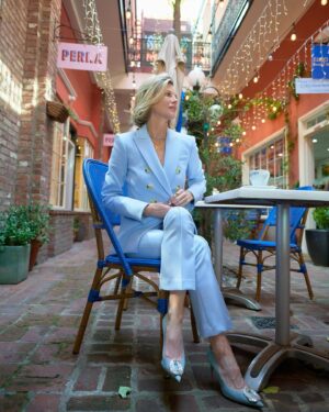 Janet Gunn Instagram - Morning ☕️ in @veronicabeard at my favorite spot @eurocaffebh 
On the blog today - how I styled my VB suit 3 ways. Also on my YouTube channel, that’s been a fun learning curve. 
Links in Bio.
Have a great day🦋
#fashioninspo #springblazers 
📸 @kellygullett