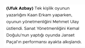Janset Paçal Instagram - 🎭 #Tomris oyunumuz ile ilgili Ufuk Azbay tarafından hazırlanan haber 3 Şubat 2024 tarihinde Milli İrade Gazetesi'nde yayınlandı📰

Keyifli okumalar 📰🎭

📇Haber: Ufuk Azbay @azbayufuk 
📰Gazete: Milli İrade Gazetesi @milliiradegazetesi 

Haberin tamamı: https://www.milliirade.com/tomris-performansi-ayakta-alkislandi

@jansetpacal @tomrisoyunofficial @jansetpacal.tv

⭐️Tomris 

📌4 Şubat'ta Ankara Cermodern'de
📌19 Şubat'ta Ataköy Yunus Emre Kültür Merkezi'nde
📌28 Şubat'ta Çorlu Memduh Şevket Esendal Sahnesi'nde sahnelenecek. 

🎫 Biletler Biletix ve Biletinial'da.

🎭 İyi Seyirler 

TOMRİS: @jansetpacal 
Yazar: @kaanerkam 
Yönetmen: #MehmetUlay
Sanat Yönetmeni: @kemaldogulu
Tomris Ekip: @aysuzzzz @harunozdn 
JPTV Ekip: @egeshaqrock 
DonKişot Organizasyon: @donkisottiyatro (05445178402) @_ahmetdinc

 #tomrisoyun  #live #performance 
 #theatre #tiyato #jansetpaçal #janset #kemaldogulu #actress #interview #press #media #photoshoot #backstage #eskişehir #zübeydehanımkültürmerkezi