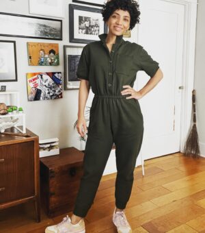 Jasika Nicole Instagram - Sometimes inspiration takes on a whole life of its own. Last summer I saved a tik tok of a woman in a really cute knit shorts jumpsuit in the hopes of recreating it, but by the time I got to making it, it was winter so I amended lots of details to accommodate the cooler weather and I ended up with something completely different! I love love love how this turned out- it is SUPER comfortable, it’s sporty but still feels really chic, and it doesn’t look (or fit) quite like anything I’ve seen in RTW. I used organic cotton sweatshirt fabric and matching rib knit from @wearethefabricstore and it’s every bit as good as you would imagine- it’s soft, the color is vivid, and the matching rib (so hard to find in fabric stores) is just icing on the cake. This ribbing is sold in traditional yardage, and I just folded it over double and sewed the edges to turn it into ankle cuffs, a collar, and details on the pockets. The jumpsuit is completely Frankensteined- I used a vintage stretch and sew women’s rugby pattern, a vintage stretch jumpsuit pattern, the pockets and leg shape of the Hudson pants, and then a little spiritual trueing to kind of meld everything together. Thankfully it actually worked! Most important pattern adjustment was elongating the front tab so that it would be wide enough to step into through the neck and it works like a charm. This has been a great make to enter into 2023 and I can already tell I will be wearing it alot and might have to make another one- maybe in a liberty print sweatshirt fabric. I took some action shots so you could see how comfy it is when I KICK (“I’m FIFTY!”) and pretend to run very hard 😂 shoes are RTW Aasics!