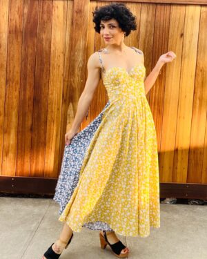 Jasika Nicole Instagram - My latest make for @wearethefabricstore in a floaty, lightweight liberty tana lawn that I colorblocked in yellow and blue. The dress is partly hacked and partly self drafted- the bodice took some time to get right (now that I’ve labored on this Frankensteined bustier I’m sure a bunch of pattern companies will come out with the perfect pattern that I have been searching for for months lol) but I’m happy with how it turned out and absolutely love the silhouette on me! Clogs are memade and omg after rolling my hair yesterday I realized that my hair is exactly the style I was hoping to get when I got my awful haircut last august! The growing out will continue cause I miss the versatility of longer hair but at least this is progress! More details on this make at jasika.com 💕