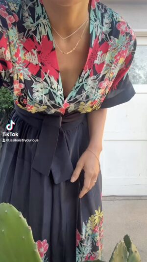 Jasika Nicole Instagram - I LOVE this #helenawrapdress by @just_patterns and plan to make a longer version next on my make list since a SoCal fall is actually hotter than our summer- this pattern really shines in silky, flowy fabrics so I’m gonna keep up that trend! Clogs are also memade. @savageblackout is wearing #sashatrousers by @closetcorepatterns and a #goslingshirt from Sew Sew Def patterns, body roll made by him lol 🖤