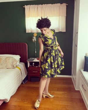 Jasika Nicole Instagram - I am pretty sure that this dress has gotten more compliments from strangers in one afternoon of wear than anything else I have ever made! I’m so surprised! Not that it isn’t beautiful, it’s just an unexpected make from my norm. The bold, pretty fabric is from @wearethefabricstore (gifted as an ambassador) which I chose because of the stunning chartreuse and dark green color combo, but I was stumped as to what to make with it. Then I remembered this cool tik tok video I’d seen a while back where a sewist named @g00dbad_ a low-to-zero waste dress out of a bedsheet and she very generously shared the template so that others could recreate it. It’s not a pattern exactly, but based on just a couple of your own measurements, it’s easily translated into a great wrap dress (very similar to vintage walk away dress patterns) that is very size/gender/age inclusive. I didn’t have a bed sheet to work with but I did have this fabric which I was still able to finagle the dress out of with a little problem solving. The result is so dynamic, with a vintage fit and flare silhouette paired with an impactful print. I didn’t change much to the basic instructions Cara gave but I did add interfacings and facings to my waistband, a buttonhole to one side of my dress opening for the belt to slide through, and I faced my belt with a complimentary fabric because I ran out of my main fabric. It adds some cool interest to the tie, which I love! This dress is easy to wear, doesn’t blow open and expose my bits on a windy day, and makes me feel so pretty! Check out _cccara on tik tok to watch her video if you want to make one for yourself! PS- yes my hair is shorter, no I didn’t want it this short and yes I hate it 🥴