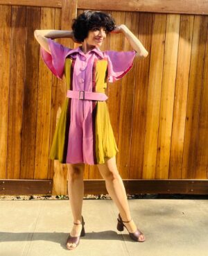 Jasika Nicole Instagram - Even though this isn’t a dress, you still need to see the MOOOOVEMENT of this jumpsuit in lux silk and satin from @wearethefabricstore . I feel like such a showgirl twirling around in this and once I tried it on for the first time I wanted to immediately make another and another! This gorgeous know me patterns ME 2027 design is based on a vintage mid century jumpsuit by a little known designer named Addie Masters, whom I did a deep dive on in a recent blog post when processing my own thoughts about intellectual property and the concept of “owning” fashion in the current landscape of home sewing. But in *this* blog post I just talk details and design! jasika.com 🩷💚🤎 (forgot to say I made the shoes too! Got some cute heel components from @bygraciesteel and @icanmake_shoes )