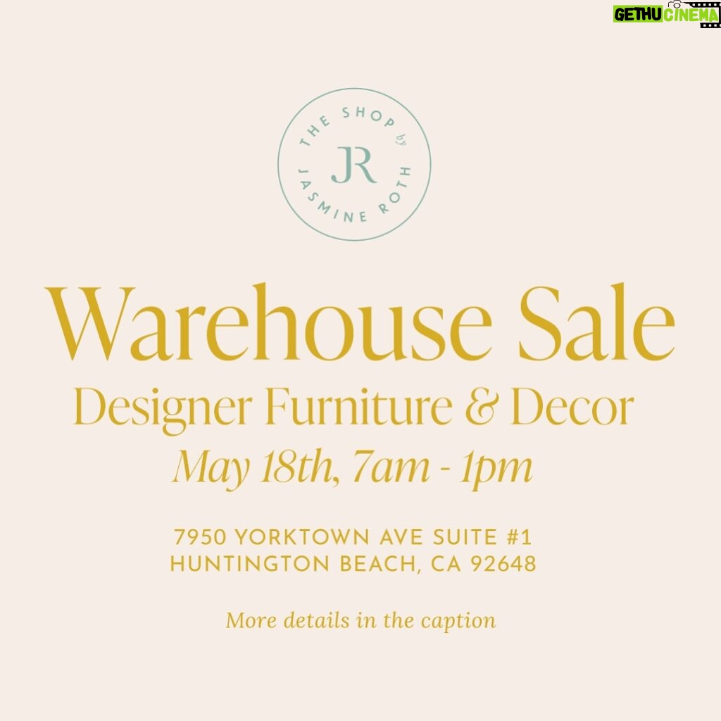 Jasmine Roth Instagram - We’re having a Warehouse Sale in Huntington Beach, CA and you’re invited 🎉 Come shop designer furniture and decor on May 18th from 7am to 1pm. Please park on the street. Credit card only. Sales tax will be charged. Must take home same day before 2pm. Tag a friend you want to shop with 🏡 #WarehouseSale #HuntingtonBeach #TheShopbyJasmineRoth #MyJasmineRothStyle #InteriorDesign
