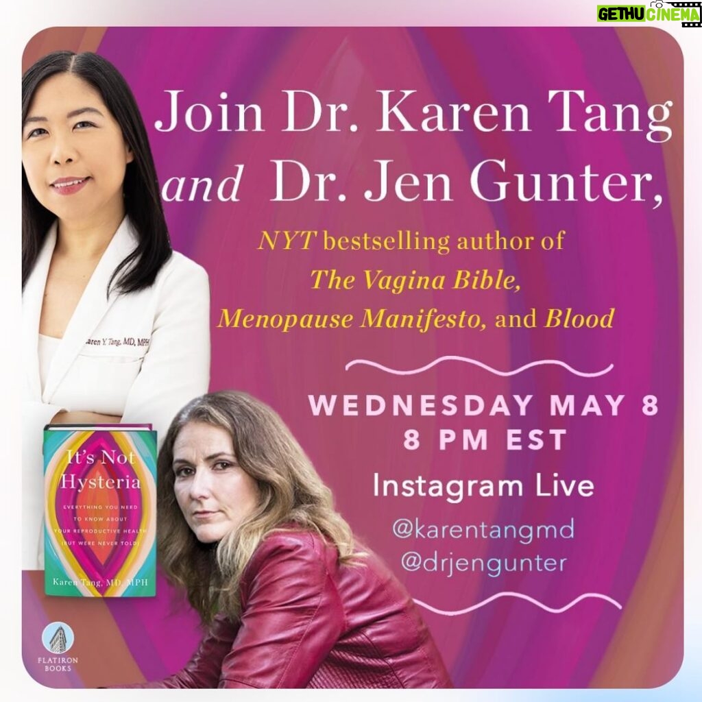 Jen Gunter Instagram - I will be doing an Instagram Live on Wednesday at 8 pm Eastern/5 pm Pacific with the always amazing @karentangmd She is a funny, factual, evidence-based OB/GYN and has a new book coming out this week called “It’s Not Hysteria.” It is a wonderful guide to so many things GYN, and is written in such an approachable, comforting, and easy-to absorb style. We’ll be chatting about all things GYN, social media and whatever else you want! Leave me some questions here and if you can’t watch live, don’t worry, I will save it so you can catch it later! Hope to see you then!!!