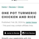 Jen Gunter Instagram - I just made this absolute winning one pot turmeric chicken and rice dinner from @dishingouthealth My photo is terrible (you can swipe to see), so I didn’t want to lead with it 😂 Instead of the canned lite coconut milk, I used the unsweetened coconut milk you find in the dairy case. I added green peas for extra veggies and protein. The sumac onions took it to the next level. It absolutely satisfied my Venn diagram of nutritious, delicious, and easy to make. Will definitely make again. Prep time was 20 minutes or so and another 25 minutes of baking.