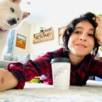 Jenna Laurenzo Instagram - Feeling watched 👀 Creatively spent, recharging and caffeinating #screenwriting . . . Mo & I are very excited for flannel season 🍂 thanks for the coffee @intothevoidantiques #nationalcoffeeday . . . #tgif #coffee #friday #husky #siberianhusky #huskylife #flannel #creativeprocess