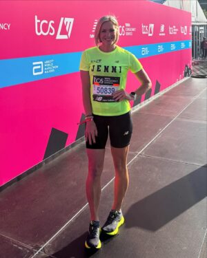 Jenni Falconer Instagram - What a day. 😍

London Marathon day is my favourite day of the year. 
Even today, when I had an issue with my toes, I still smiled I would say around 90% of the way round. (My toes cut open and were bleeding from mile 9-they really hurt). 

It may have prevented me getting the time I’d hoped but I was only 30 minutes behind with my walk/run combo. So I am super delighted with the end result. 

Thank you to everyone that called my name and cheered me on….you made a difference. The crowds get better and better every single year. Today was also a perfect marathon day-not too hot, blue skies, the sun was shining. ☀️ 

I couldn’t fault anything apart from perhaps sadly my trainers needed to be bigger. I will not make that mistake again. 

Well done to everyone who took on the 26.2 mile run and congratulations if you also crossed that finish line. What a special club that was today. I am incredibly proud to have been a part of it. 

Thank you @londonmarathon for putting on such an immense event. 

Now who’s going in the ballot for next year? 💙

#londonmarathon #marathon2024 #london