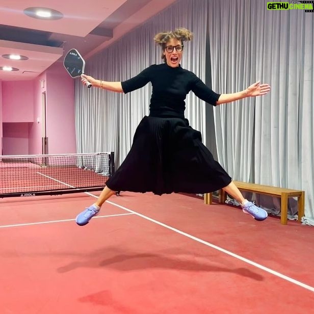 Jennifer Beals Instagram - ….so this is how I feel when I go check out an indoor pickleball facility in the middle of a workday dressed in a maxi wool skirt and turtleneck and the kind person showing us around invites my friend to play because she is wisely dressed in sweatpants and sneakers, and I get so envious that I pull my knee-high boots off and SWEAR I can play barefoot and then this very same nice person procures the perfect pair of @skechers at the perfect size 8 1/2 for me to wear along with my maxi wool skirt and then I take off my bangles and dangly earrings and we get to drill for an HOUR with the future Santa Monica Open 4.0 champs which also explains my flamingo pose in the group shot. Yes. I am addicted to pickleball. Thank you Jen and @janehollon for your generosity and wisdom! #pickleball