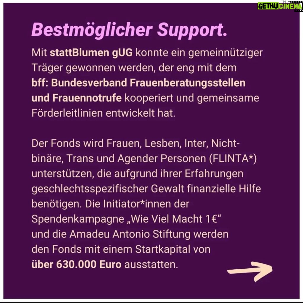 Jennifer Weist Instagram - Vor ein paar Jahren wollte ich ein Projekt zusammen mit @einhorn.berlin starten. Yaenniver Kondome. Die Einnahmen wollte ich spenden, am liebsten an eine Organisation die Opfer von sexualisierter Gewalt unterstützt. Eine Organisation die vor allem niederschwellige, schnelle und unbürokratische Hilfen anbietet. Jedoch merkten wir ganz schnell - sowas gibt es nicht. Also mussten wir es selbst in die Hand nehmen. Zusammen mit @cordeliaroedersarnold und @sallylisastarken trafen wir uns unter anderem mit dem @bff_gegengewalt, Anwältinnen und Frauen, die in Frauenhäusern arbeiten, um heraus zu finden: Wo ist die Lücke im System? Wieviel wird wo für welche Zwecke benötigt. Schnell war klar: Sally und Cordelia sind bereit und haben die Strukturen, einen solchen Fond zu realisieren. Schon sehr lange gibt es @statt_blumen eine Initiative, die nun zu einer gemeinnützigen Organisation geworden ist. Und dank ganz vieler helfender Hände, wie die @amadeuantoniofoundation @quattromilf und noch vielen weiteren gibt es jetzt endlich das, was ich mir schon seit 4 Jahren wünsche. ❤️🙏🏼