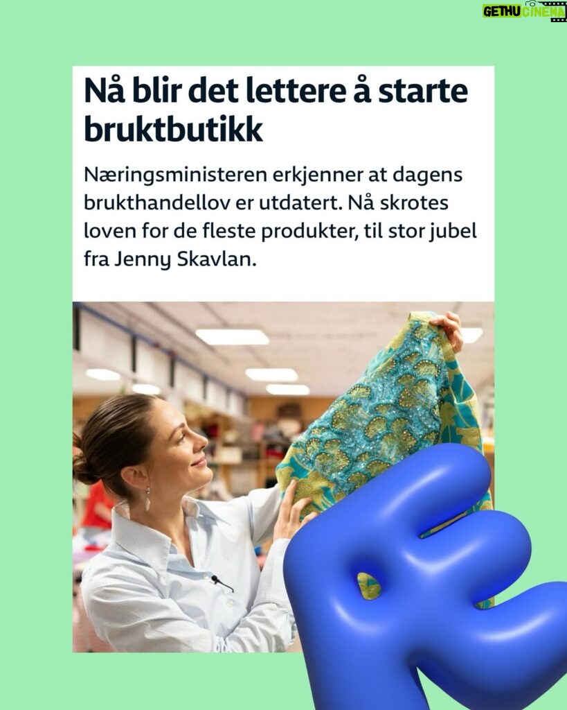 Jenny Skavlan Instagram - (Reklame)♻️ Til høsten åpner Fæbrik butikk i @oslobukta med bla brukte klær og i dag kom det strålende nyheter fra regjeringen: Brukthandelloven skrotes for de fleste varegrupper, deriblant klær, fra 1.juli!!! 🤯 Brukthandelloven gjør det enda mer komplisert å drive bruktbutikk. Man må ha løyve fra politiet, alle varene må fysisk loggføres og ligge på lager i to uker før de kan selges. Høl i huet om man vil stimulere til mer sirkularitet. 💚Vi hadde besøk av næringsministeren @jcvestre i lokalet som skal bli vår butikk og fikk gitt klar beskjed om følgende: ♻️Vi er glade vi slipper Brukthandelloven men etterlyser også miljøavgift på masseproduserte plastklær og at mva på brukte klær og reparasjon må fjernes! Nyproduserte klær blir bare billigere og billigere i takt med at nye Ultra Fast Fashion- aktører som Temu inntar markedet. 💸💸 Bruktklær kan ikke konkurrere med såpass uforsvarlige priser og det at man må legge på 25% på prisen bidrar ikke akkurat til at folk velger brukt fremfor nytt. Noe vi er helt avhengige av! Kom igjen a @trygvevedum og @jcvestre !! 💚♻️Hvis ikke fjerning av mva, HVA DA?! (Utklipp hentet fra NRK.no, lenke til sak i story)