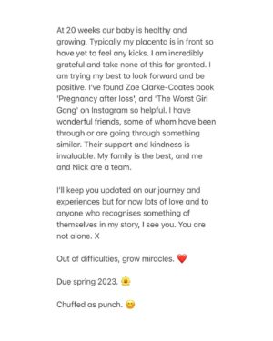 Jessica Fox Instagram - This week has been baby loss awareness week. So it seemed a good (and bad) time to share our story at the end of such an important and heartbreaking campaign and to show our support to all those who have been or are going through a similar journey. 

Trigger warning: Trying to conceive and conceiving after loss. Please make use of the mute or unfollow button if any of this is too much for you. 

Out of difficulties, grow miracles. ❤️

Due spring 2023. 🌼

#babylossawarenessweek #ttcjourney #miscarriageawareness #pregnancyannouncement #pregnancyafterloss