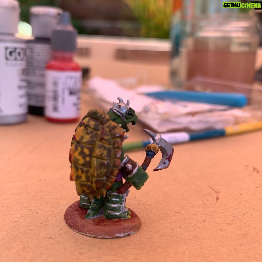 Jessica Rothe Instagram - Last night a fully painted GROCK (a warrior tortle who worships Dwayne “The Rock” Johnson- obvi 🐢🗡😂) made his debut in our D&D game. I’m obsessed. Thanks to @eclem for the model, for convincing me to paint him, and to @zach.rothenberg and @laure_mew for my new dice swaggggg ❤️🤓 #dnd #therock #paintingfigurines