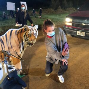 Jessica Sula Instagram - People ask what it was like working with a tiger 🐅 well the truth is…it was terrifying as it is a tiger and it is technically still on the loose in carp right now ! @paniconprime (we really wanted the tiger from The movie Mandy but they were not avail)