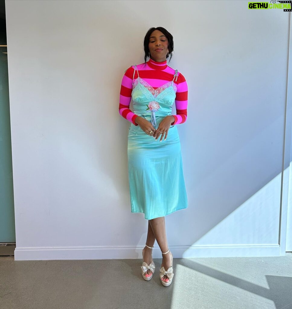 Jessica Williams Instagram - Playful & Fun & Stuff to promote SHRINKING out now on @appletvplus !!!!! Dress & Shirt// @cynthiarowley Jewels & MOODRING (!!)// @mondomondo Size 11 Shoes// @loefflerrandall Stylist// @sarahslutsky Makeup// @cherishbrookehill Hair// @alexander_armand