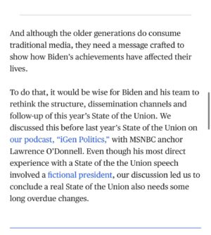 Jill Wine-Banks Instagram - One of us is 21, the other 80. We both agree President Biden has the record & experience to win. Together, we wrote about how President Biden can reach both our generations — starting this Thursday with his State of the Union address & beyond. Take a read & share.

•
•
•
#biden #msnbc #nbc #oped #writing #words #essay #president #presidentbiden #congress #speech #opinion #news #democrat #voting #2024 #election #democracy