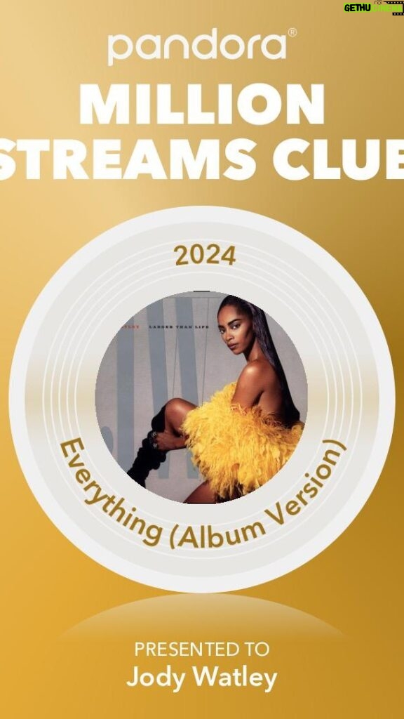 Jody Watley Instagram - Pretty cool, notification received today of this award 🥇 “Everything” from my second solo album “Larger Than Life” (anniversary release week!) reached a new listening milestone on Pandora ❤️🎶🎧💛🎉 | Thank you @gardnercole for writing this everlasting beautiful song for me! It instantly felt like I wrote it lol - because it was instantly in my ♥️ and each time I perform it to this day, always still feels that way. | Produced by Andre Cymone. Wattage ✨⚡️ Thanks to everyone who continues to listen and support my music - the classics and new releases! I don’t do what I do for awards and accolades however it’s always a nice surprise of which I am truly grateful. #jodywatley #music #jodywatleydiscography #pandora #rnb #popmusic #gratitude