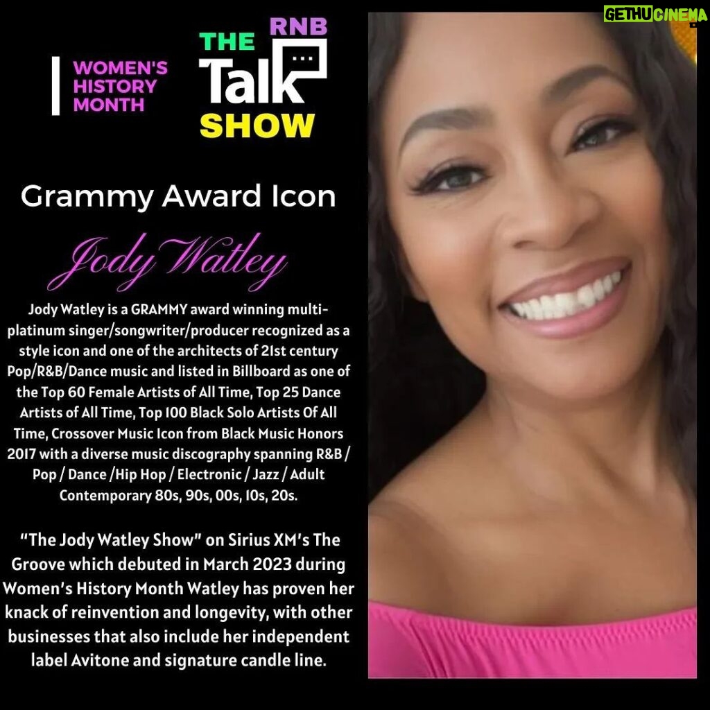 Jody Watley Instagram - Repost from @the_rnb_talk_show • #WomenHistoryMonth2024 @jodywatley Jody Watley is a GRAMMY award winning multi-platinum singer/songwriter/producer recognized as a style icon and one of the architects of 21st century Pop/R&B/Dance music and listed in Billboard as one of the Top 60 Female Artists of All Time, Top 25 Dance Artists of All Time, Top 100 Black Solo Artists Of All Time, Crossover Music Icon from Black Music Honors 2017 with a diverse music discography spanning R&B / Pop / Dance /Hip Hop / Electronic / Jazz / Adult C ontemporary 80s, 90s, 00s, 10s, 20s. As a solo artist, the Pop and R&B singer-songwriter has 6 Billboard Hot 100 Top Ten Singles, 7 Number 1 Dance Singles, 2 R&B Number 1’s, 15 Top 40 Singles, Gold and multi-platinum albums and singles, video compilation and million selling fitness video. “The Jody Watley Show” on Sirius XM’s The Groove which debuted in March 2023 during Women’s History Month Watley has proven her knack of reinvention and longevity, with other businesses that also include her independent label Avitone and signature candle line. The monthly Jody Watley Show is centered around classic R&B, special guests and conversations about music, life lessons and more; guests have included NBA Hall of Fame billionaire business owner Earvin ‘Magic’ Johnson, Emmy Award winning actress Sheryl Lee Ralph, best selling author and actress Tabitha Brown, singer/actresses Deborah Cox, Vanessa Williams and more. Jody Watley is an inductee into the Women’s Songwriters Hall of Fame. Her vast ongoing influence and contributions to contemporary music and pop culture includes the signature Jumbo hoop earrings, yes she did that. The hoops remain a style staple for many in film, TV, reality stars. wanna be stars and fashionistas. It was Jody Watley who coined the phrase “Hasta La Vista Ba-by’ later popularized by superstar actor Arnold Schwarzenegger in the blockbuster action film “Terminator: Judgement Day.” #jodywatley #rnbsinger #songwriter #radiohost #musicproducer #danceartist #businesswoman #rnbmusic #newjackswing #dancepop #contemporaryrnb #funk #thernbtalkshow