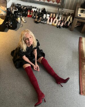 Joely Richardson Instagram - @jennifer.michalski.bray.style sent me this photo, and I love it as I look like a child playing on the grass. I was actually joking that I felt like one of the ugly sisters in Cinderella desperately trying to get the glorious @hermes red boot to fit! I never forget how lucky I am to wear these beautiful things however briefly , on loan, before I return to being a pumpkin ( Cinderella reference again). We ‘create’ these images, they are not real ( in my case anyway). @fendi , @louboutinworld @christianlouboutinshoes - THANK YOU ! ♥️