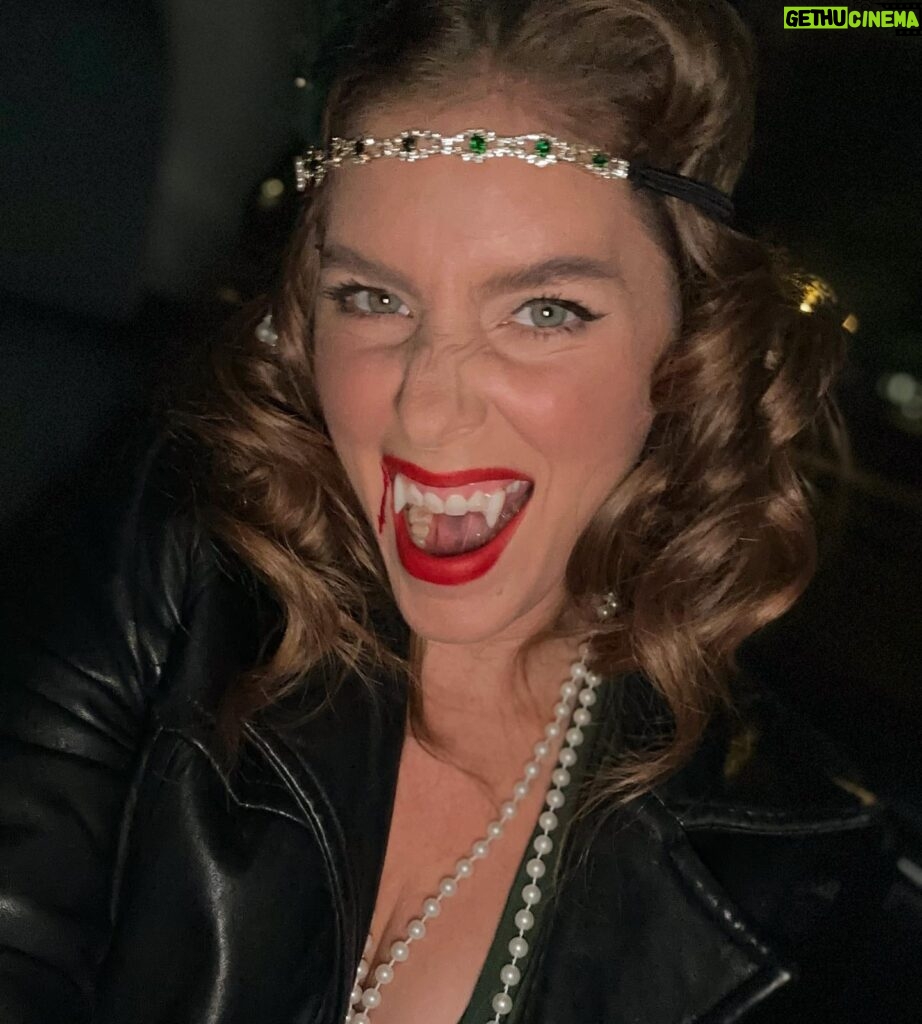 Jordan Claire Robbins Instagram - this year I dressed as a friendly prohibition vampire who couldn’t wait to go home and eat a bagel sandwich in her Pearl Jam tshirt 🧛‍♀️🥯