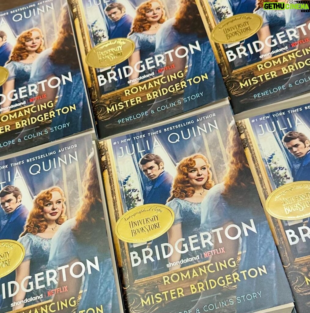 Julia Quinn Instagram - Signed several hundred of these lovelies last night at @ubookstoreseattle— by the time I left (2 hours after closing) there were only two of us in the building. Heading back today to finish up, so if you want an autographed copy of Romancing Mister Bridgerton—or any of my books— make your order today and I’ll sign it ASAP! Ordering link in bio. #bridgerton #bridgertonbooks #colinbridgerton #penelopefeatherington #polin @avonbooks