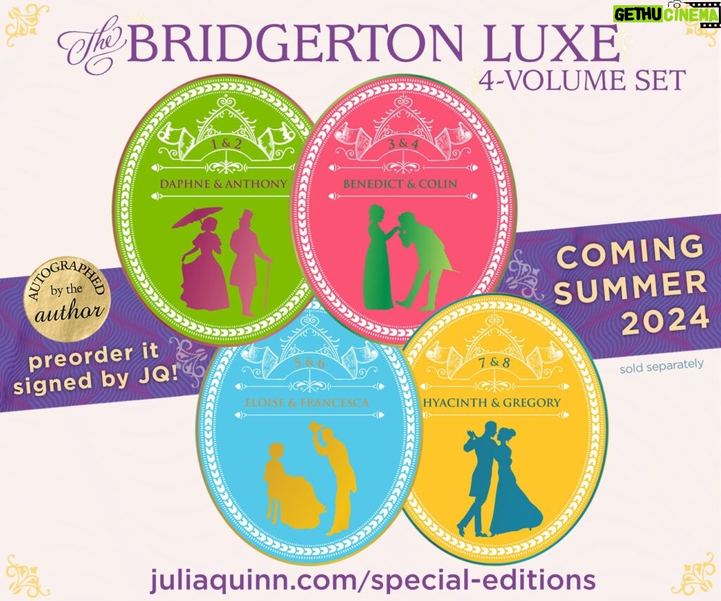 Julia Quinn Instagram - You can now order the Bridgerton Collector's Editions AUTOGRAPHED! The ordering links have been posted on the University Book Store website. Please note that if you order all four volumes they will ship together in September. Oh yeah, and the ordering links for the Romancing Mister Bridgerton Netflix tie-in editions are also up! The cover (featuring @nicolacoughlan and @lukenewtonuk) hasn't been released to the public yet, but I've seen it, and it's everything #Polin fans will want. ❤️ Link in bio.