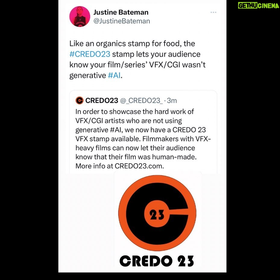 Justine Bateman Instagram - VFX/CGI artists: Let your producers and directors know about the CREDO 23 VFX stamp. Don’t let audiences wrongly assume you’re an #AI prompter.