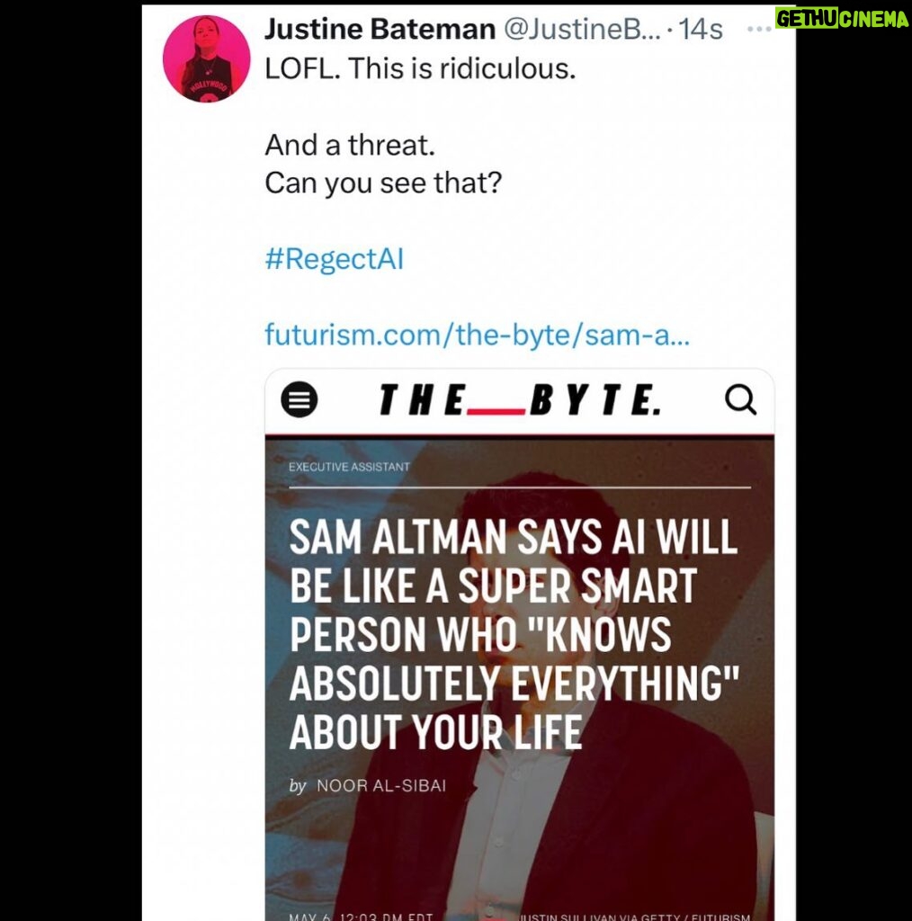 Justine Bateman Instagram - You are being threatened. Fuck these #AI guys. They want your job, your identity, your agency, your free will, your money. Treat them like the scummy, soul-sucking thieves that they are. They are a joke.