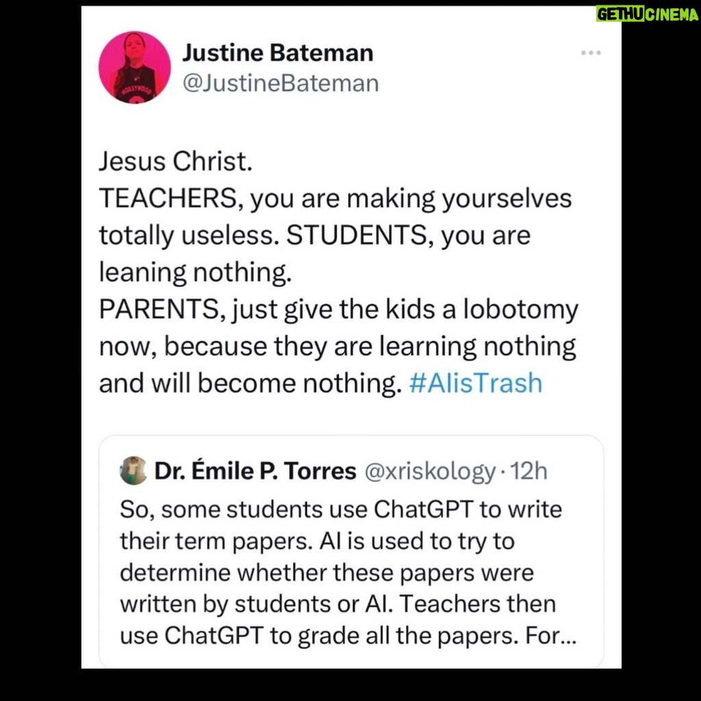 Justine Bateman Instagram - Schools, teachers, you are fucking up. Big time. F. #AI #AIisTrash