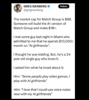 Justine Bateman Instagram - Cue the population decline.

(Images made possible from scraping all your selfies, no doubt.) #AI

Via @gregisenberg.