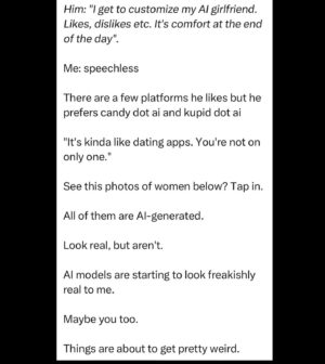 Justine Bateman Instagram - Cue the population decline.

(Images made possible from scraping all your selfies, no doubt.) #AI

Via @gregisenberg.