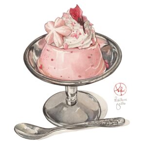 Kailene Falls Instagram - Sakura Pudding
🌸🍮桜プリン🍮🌸

Sakura desserts are some of my very favorite to paint! This year, I visited “Sunny Days Pudding Cafe ( @sunnydays_pudding ) in Ikebukuro, Tokyo after seeing their cute seasonal sakura pudding on an Instagram Reel. While Japanese pudding is generally similar to flan, this pudding was based off a different style of pudding called “milk pudding.” Instead of egg to thicken as a thickening agent, simple gelatin and milk are combined, allowing for a silky texture with a mild milk flavor that makes an easy base for other flavors… in this case, cherry blossom! Of course I ordered the pudding alongside a sakura float for a perfect spring afternoon dessert!

桜スイーツを描くのが大好き！今年は池袋の @sunnydays_pudding をインスタグラムで発見して、季節限定の桜プリンを食べに行きました。ミルクプリンがベースだったので、パンチが強い桜味をまろやかにしてくれて、絶妙な場ならす！もちろん、店の桜フロートも頼んだので、完璧な春のアフタヌーンスイーツ！