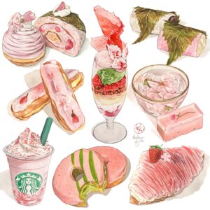 Kailene Falls Instagram - 🌸🌸Sakura Collection🌸🌸
🌸🌸さくらコレクション🌸🌸

I can’t believe spring is already here! We’re starting to see the beginnings of the cherry blossoms here in Tokyo, and sakura-themed sweets have begun! I have a few I plan to paint this year, and you can expect another sakura collector or two this year, since I’ve painted so many cherry blossom desserts in the past! Which would you most like to try?

② Sakura Cakes 桜のケーキ
③ Sakura Mochi 桜もち
④ Sakura Eclair 桜のエクレア
⑤ Sakura Parfait 桜パフェ
⑥ Sakura Tea   Yokan 桜茶 羊羹
⑦ Sakura Frappuccino 桜フラペチーノ
⑧ Sakura Donut 桜ドーナツ
⑨ Sakura Croissant 桜クロワッサン

もう春って感じの日が増えてますね！東京だと桜の蕾をところどころ見かけるよううになって、季節限定の桜スイーツも始まっていますね。今年も桜テーマで数枚を描く予定だけど、とりあえず以前描いたものを集めてコレクションにしました！今まで桜テーマで２０枚近く描いているので、今年も桜コレクション数枚も投稿の予定です。この中で一番食べたいのがどれでしょうか？