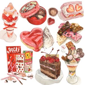 Kailene Falls Instagram - ❤️🤎Valentine Collection🤎❤️
❤️🤎バレンタイン コレクション🤎❤️

A week away until Valentine’s day, but I decided to share this early to perhaps inspire some people in their Valentine treat selection! These are some paintings I’ve made over the years that give me Valentine vibes- lots of chocolate and strawberries! Hope you have a sweet day!

② Strawberry Valentine Parfait
③ Shiseido Chocolates
④ Valentine Fruit Sandwich
⑤ Valentine Danish
⑥ Chocolate Bark
⑦ Strawberry and Chocolate Snacks
⑧ Chocolate Cherry Cake
⑨ Shiseido Valentine Parfait

バレンタインまで一週間！誰かにバレンタインスイーツの選択に参考なれるかなぁと思って、少し早めに投稿しました！バレンタインのために描いたイラスト、またはバレンタインっぽいイラストをまとめてみました。やっぱりチョコレートとイチゴが多いですね！ 甘い一日を過ごせるように！