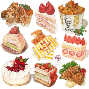Kailene Falls Instagram - Japanese Christmas Collection
日本のクリスマスコレクション
🍗🍰🍗🍰🍗🍰🍗🍰🍗🍰🍗

Merry Christmas from Tokyo! While celebrating Christmas is relatively recent in Japan, somehow Japan still has it’s own customs… eating strawberry cake and fried chicken! Many Japanese people think this is a world-wide tradition, so they are surprised to find that it’s pretty unique to Japan. Which chicken and cake illustration combo would you most like to try?

Slide #
② Karaage   Pasta 
③ Classic Strawberry Shortcake
④ KFC Christmas Bucket
⑤ Strawberry Pistachio Roll Cake
⑥ Famichiki 
⑦ Strawberry Short Cake
⑧ Strawberry Christmas Cake
⑨ Strawberry Cake Tart
⑩ Karaage with Mayo

東京からメアリークリスマス！日本で祝いするのが割と最近なので、日本ならでのクリスマス文化ありますね… チキンとケーキ！西洋文化と思う日本人が多いかもしれないけど、実は日本の文化です！例えばアメリカでは七面鳥やハムと、クリスマスクッキーが基本です！ヨーロッパもクッキーやシュトーレン…とにかく日本と違います！このイラストの中で、チキンとケーキの組み合わせをどれ食べてみたいですか？