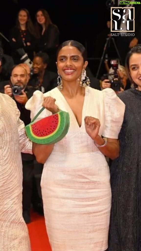 Kani Kusruti Instagram - The making of the Watermelon Clutch for @kantari_kanmani at the Cannes Film Festival 2024, showcasing her heartfelt solidarity with Palestine. 🇵🇸🍉 Grateful to have been a part of this remarkable moment in history. Outfit - @saltstudio Accessories 🍉 - @saltstudio Styling - @diyaaa_john #Cannes2024 #Competition #SélectionOfficielle #OfficialSelection @kantari_kanmani @divya_prabha__ @chhaya.kadam.75 @hridhuharoon
