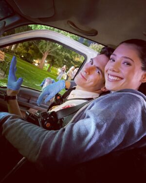 Kara Killmer Instagram - #Hawkami 1. We know who’s the dom in this relationship. 2. They even settle in for a photo cutely.🫠🥹3. Final product.  There’s a crowd in this Ambo, but Sylvie will allow it this time. 🥰🫶🥳 @hanakogreensmith @jimmynicks @nbconechicago @wolfentertainment