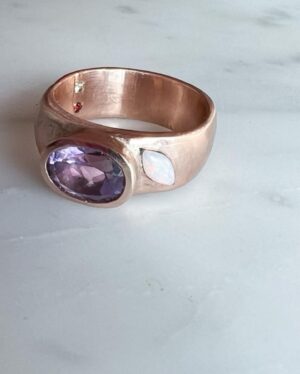 Kate Rockwell Instagram - When I found out I was having a baby girl, I immediately thought of having a ring made for her, something she and I could share. 

When I reached out to my friend @vanessaliannejewelry , all I had was the purple stone (from my dad, in honor of my grandmother) and the request that the ring fit with my wedding stack so I could wear it every day until she was old enough to have it. She created the most beautiful, sentimental piece for us, and I’m so thrilled. 

Jewelry has already had significant emotional value for me, and I get teary looking at this piece on my hand, knowing someday it will be on hers. 💜