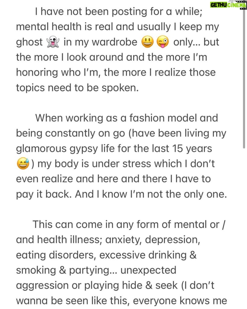 Kate Cast Instagram - I usually keep my ghost 👻 in my wardrobe 😃😜 … but the more I look around and the more I’m honoring who I’m, the more I realize those topics need to be spoken. When working as a fashion model and being constantly on go (have been living my glamorous gypsy life for the last 15 years 😅) my body is under stress which I don’t even realize and here and there I have to pay it back. And I know I’m not the only one. This can come in any form of mental or / and health illness; anxiety, depression, eating disorders, excessive drinking & smoking & partying… unexpected aggression or playing hide & seek (I don’t wanna be seen like this, everyone knows me just in certain way - social trap) but Hey, we all go through something. No one’s life is perfect and every single one of us has behind some emotional trauma/s and programs we are constantly running on. Most of us might not been even realizing that, maybe just in some dark moments but we run away from them the same minute they occur - just to not have to deal with them (this happen on subconscious level) and we keep running till our breath lasts. Till we cannot run anymore ( for me it was always sport what helps me to get back into my happy mood but when being constantly injured and having twisted ankle on top of it now…😅 so I mean this literally- I feel like I have no option that to start to listen (again and almost religiously sort of speak 🗣 ) what my inner voice - has in her mind for me otherwise I couldn’t be really happy. I can’t be 💯 satisfied with my life no matter how many covers I have done, no matter which famous designers, photographers I have been working for / with… which celebrities I have been partying, which 5* restaurants I have been eating in, cool parties, film festivals, important gala events I have been attending… no matter how rich and famous were the guys they wanted to take me out were… All of this was never really making much sense to me… ❤️ I still have the same questions in my head what I’v had since I was about 3 years old; WHY AM I HERE? AND WHAT’S MY PURPOSE? WHY ALL OF THESE FOR…?